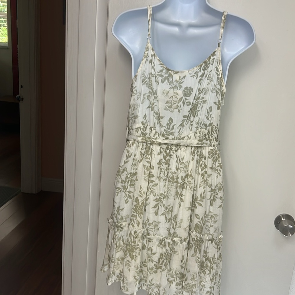 5. Mine Dress, white with green floral design spaghetti straps, elastic waist - Picture 5 of 11